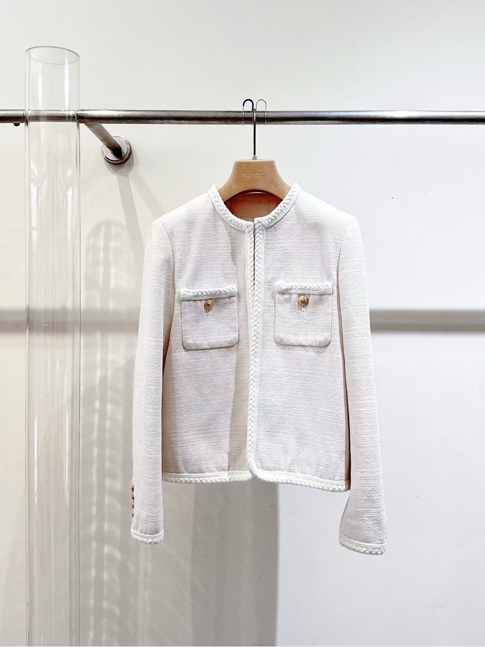 Celine Cream Collarless Tweed Blazer with Gold Buttons